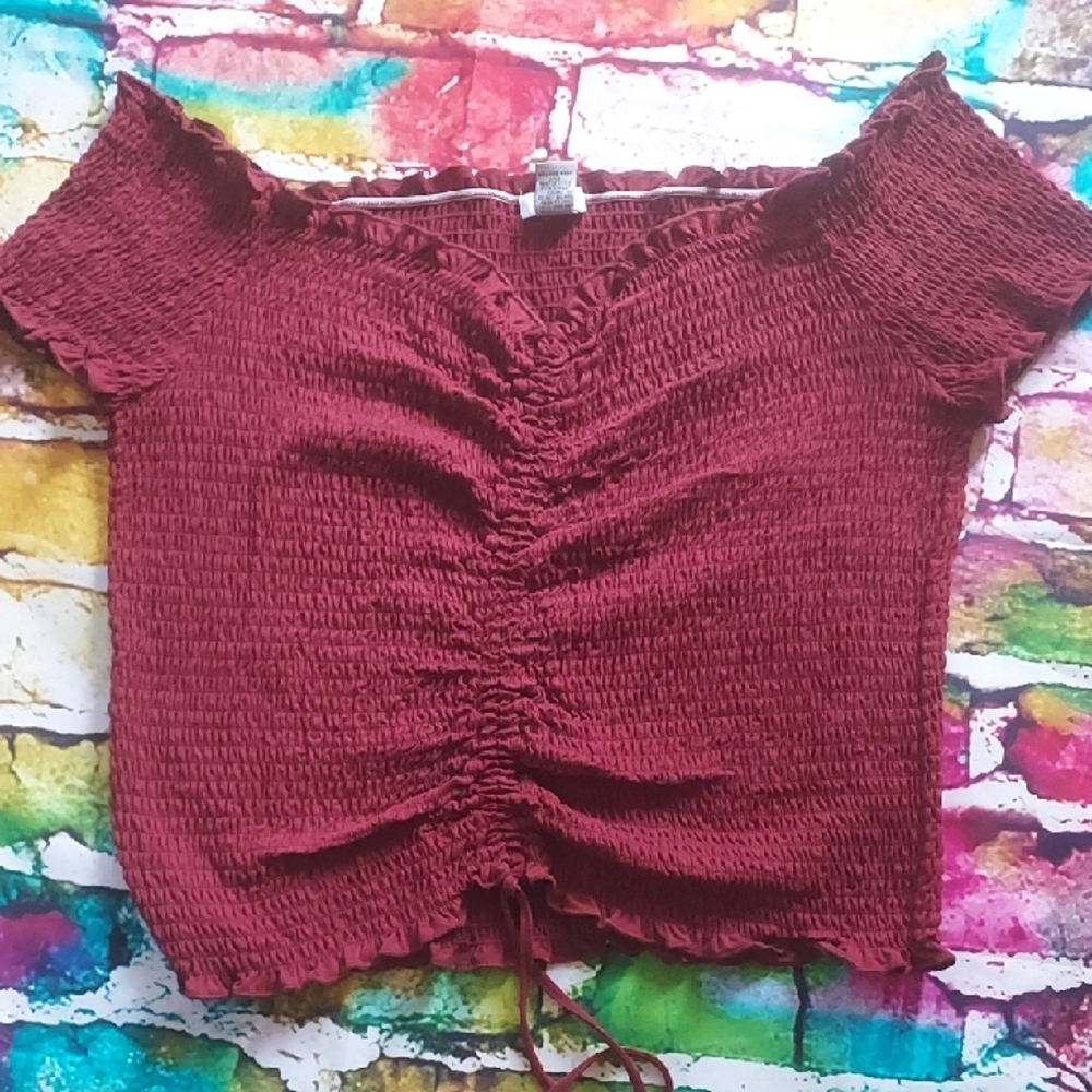 Burgundy Ruched Off-Shoulder Crop Top
